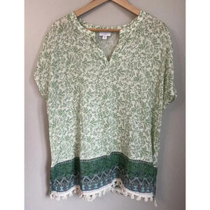 J.Jill Shirt Blouse Green Cream Blue Tassel Size Large Petite LP